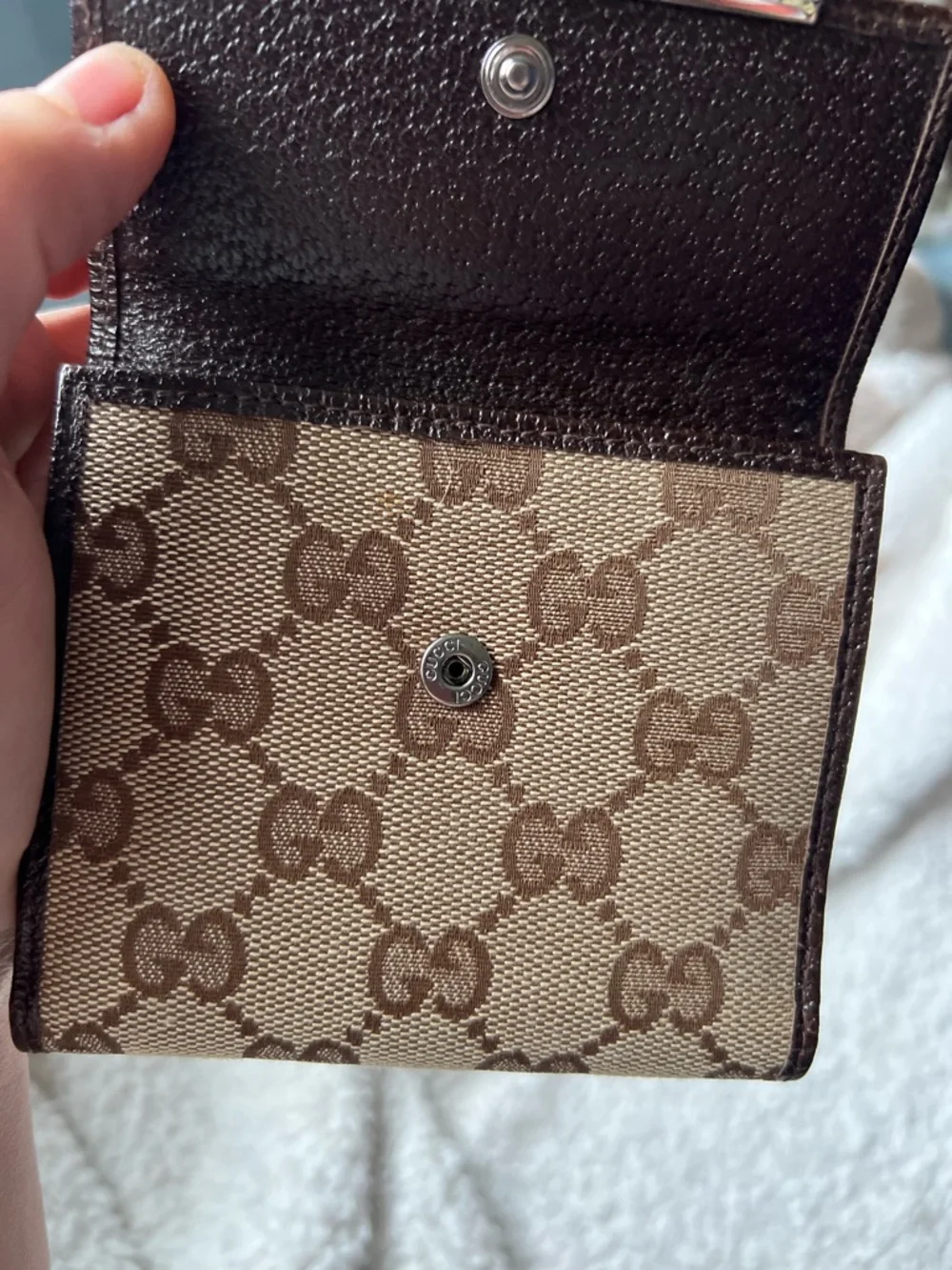 Gucci Beige and Brown GG Canvas Compact Wallet with Metal Plaque - Picture 6 of 11